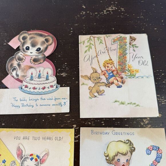 Vintage Birthday Cards Lot Of 8 1940s For 1, 2 & 3 Year Old Elephant Bunny Teddy - Picture 4 of 12